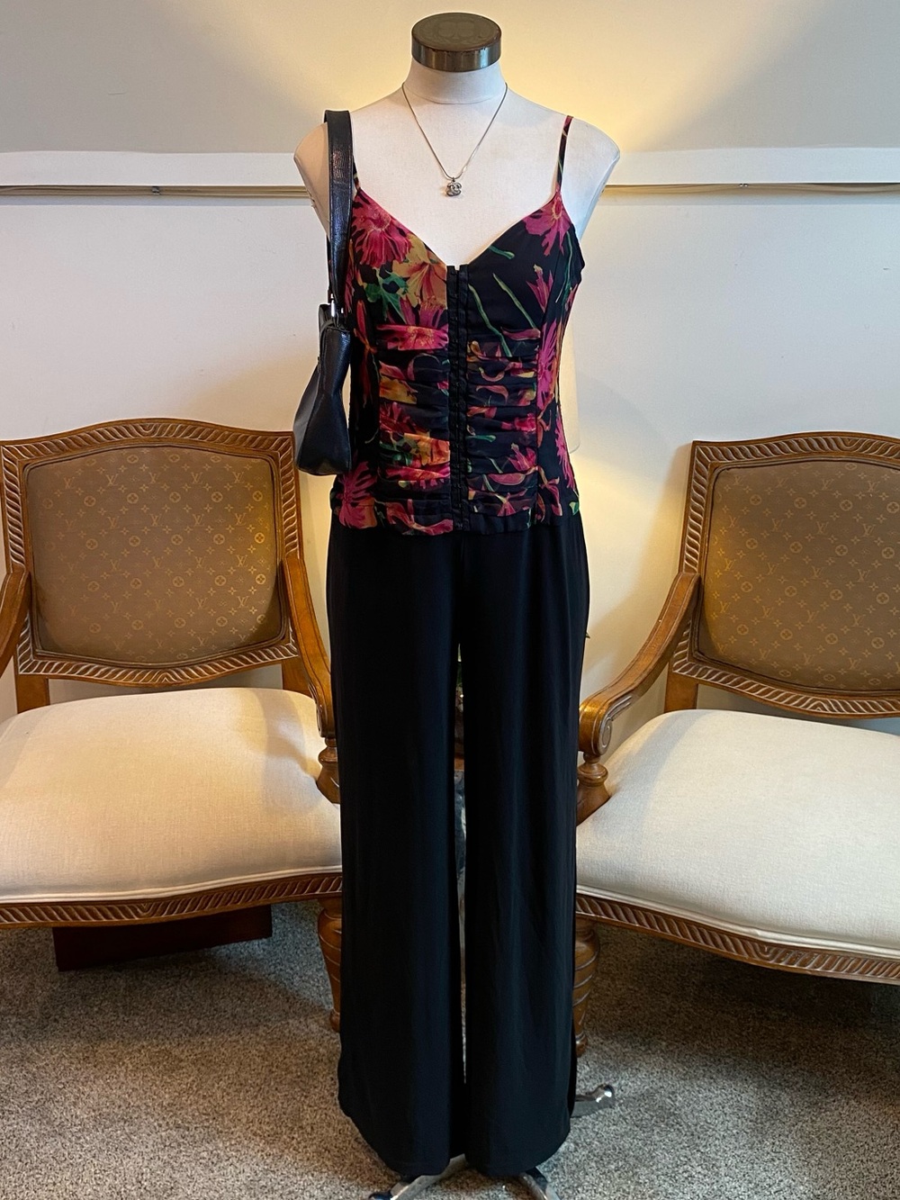 Vintage 90s Black Wide-Leg Palazzo Pants Jumpsuit 8 with Floral Corset Cami Top